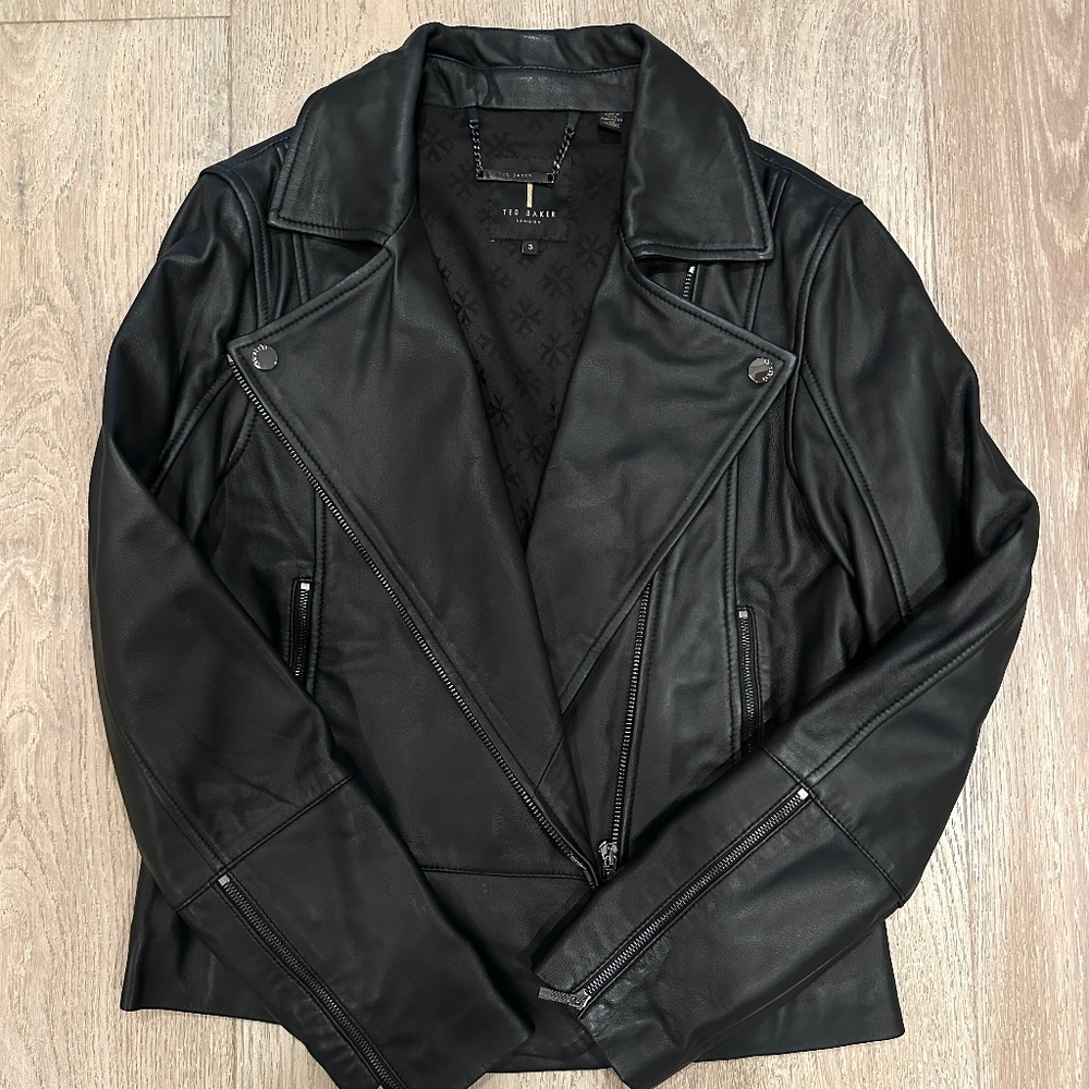 Ted Baker London black moto style real leather jacket, size 3 (US 8)